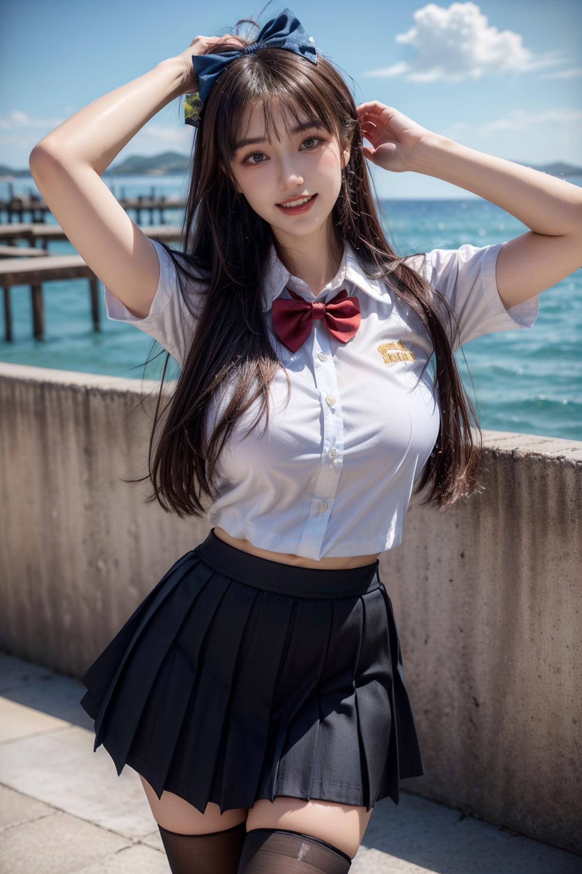 A close up of a woman in a skirt and bow tie posing - SeaArt AI