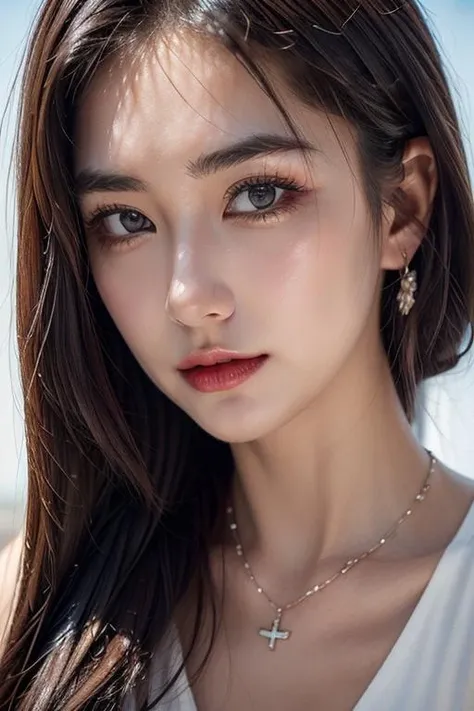 1girl, solo, looking at viewer, realistic, portrait, brown hair, long hair, lips, jewelry, necklace, closed mouth, eyelashes, nose, grey eyes, blue eyes,<lora:lin_face:0.75>,
