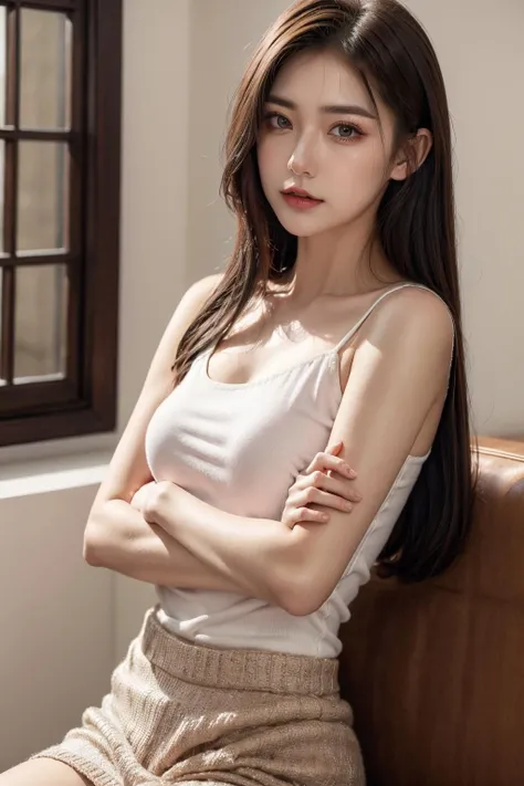 8K, Highest quality, masterpiece, Ultra-high resolution, (Realistic:1.4), whole body、RAW Photos, ((Long brown straight hair, See-through bangs))), Beautiful Details 1 Girl, (Realistic:1.4), High-resolution RAW color photos, Professional photos, Highly detailed eyes and face, Natural light, Facial details, White skin, Shiny skin, Tight waist, Small Ass, Thin legs,Natural Breasts, Nice body、Flared pants、((Wearing glasses))、Young round face、Shooting from the side、、Sweaty skin、Hold the bottom of your shirt and raise your arms to take it off、Tank top shirt