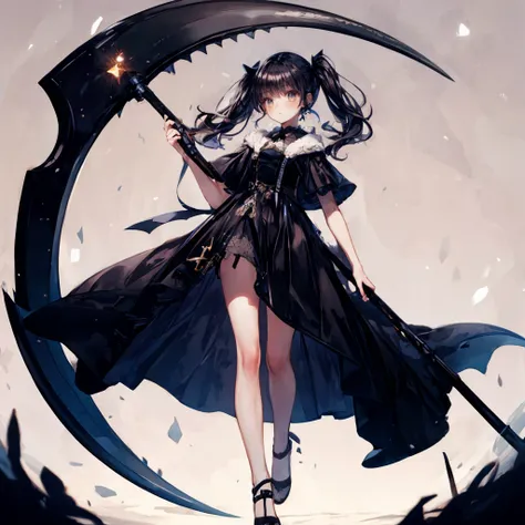 (masterpiece,ultra-detailed,best quality:1.5)(uncensored,mosaic censoring,realstic,illustration,perfect-composition,Clean skin,photographical skin,shiny skin,shiny hair, detailed beautiful face,photographical hair,detailed background,shaved:1.2),<lora:add_detail:1>, (petite girl:1.5) (twin tails,long hair,straight hair:1.2), <lora:unhorny_v01:2>, <lora:Scythe:0.7> (scythe, holding_scythe:1.4),(crescent moon scythe,Round-shaped blades:1.2),down,black dress,full body,darkness,