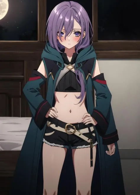 Luna, solo, 1girl, belt, black shorts, blue eyes, blush, coat, detached sleeves, hand on hip, indoors, jewelry, midriff, navel, purple hair, short shorts, shorts, <lora:Cheat_Skill_in_Another_World-Luna-30:0.6>, <lora:Masterpiace:0.4>, ((((detailed eyes,))))