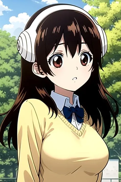 masterpiece, highres, 1girl, <lora:YuzurihaR4:0.7>, YuzurihaR4, brown hair, brown eyes, earmuffs, upperbody, long hair,school, school uniform, yellow sweater