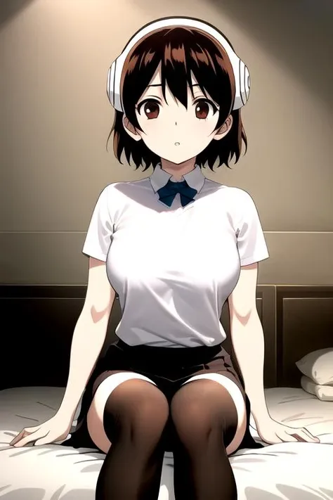 masterpiece, highres, 1girl, <lora:YuzurihaR4:0.7>, YuzurihaR4, brown hair, brown eyes, earmuffs, upperbody,  short hair, room, sit, thighhighs , skirt, shirt,