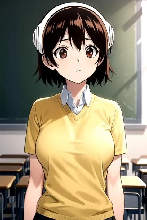 masterpiece, highres, 1girl, <lora:YuzurihaR4:0.7>, YuzurihaR4, brown hair, brown eyes, earmuffs, upperbody, short hair,school, school uniform, yellow sweater
