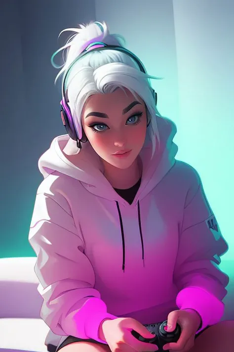 DEN_babisteil_SGMK2,
sitting at a computer wearing headphones and playing games (holding a controller:1.2) wearing a hoodie in a (neon lit room:1.3), (gamer:1.2), gaming, gamer girl, games, (purple lighting, neon:1.2),
bokeh, f1.4, 40mm, photorealistic, raw, 8k, textured skin, skin pores, intricate details  <lora:epi_noiseoffset2:1>, epiCRealism <lora:ClothingAdjuster3:-1.3>
