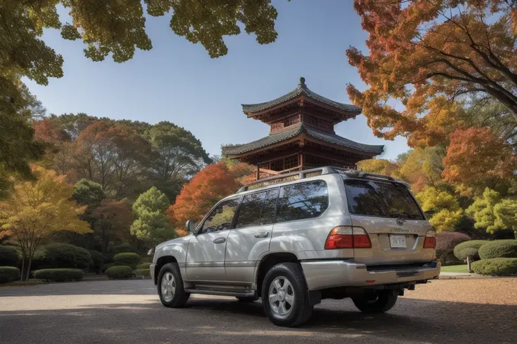 LANDCRUISER , parked in front of a japanese pagoda, fall weather, ultra wide angle, masterpiece, award winning, sunset, beautifully detailed fall foliage, cinematic lighting, style-autumn:1.0, sharp focus, smooth, intricate details, 8k wallpaper, trending on artstation <lora:LANDCRUISER:0.8>