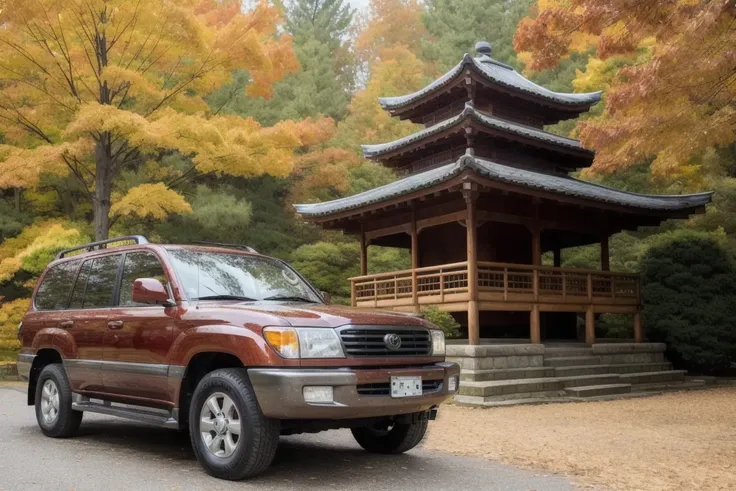 LANDCRUISER , parked in front of a japanese pagoda, fall weather, ultra wide angle, masterpiece, award winning, sunset, beautifully detailed fall foliage, cinematic lighting, style-autumn:1.0, sharp focus, smooth, intricate details, 8k wallpaper, trending on artstation <lora:LANDCRUISER:0.8>