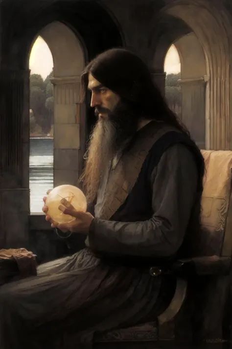 <lora:Waterhouse_paintings_model:2> watercolor Paintings of Waterhouse of an old wizard with long hair and long beard sitting on a throne pondering an orb, hand on orb, dark, moody