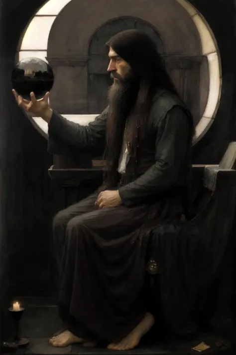 <lora:Waterhouse_paintings_model:2> watercolor Paintings of Waterhouse of an old wizard with long hair and long beard sitting on a throne pondering an orb, hand on orb, dark, moody