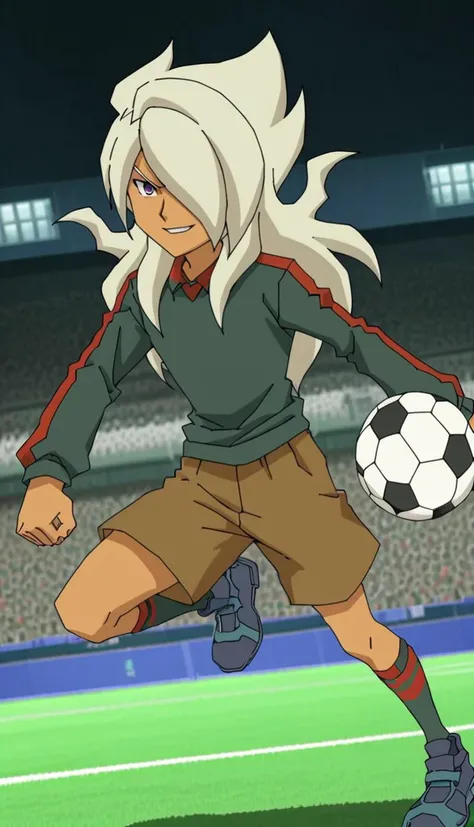 score_9, score_8_up, score_7_up, score_6_up, score_5_up, score_4_up, BREAK source_anime, soccer field, 1boy, ryuuzaki ouji, hair over one eye, long hair, purple eyes, standing on one leg, soccer ball, <lora:Ryuuzaki_Ouji_r2:1>