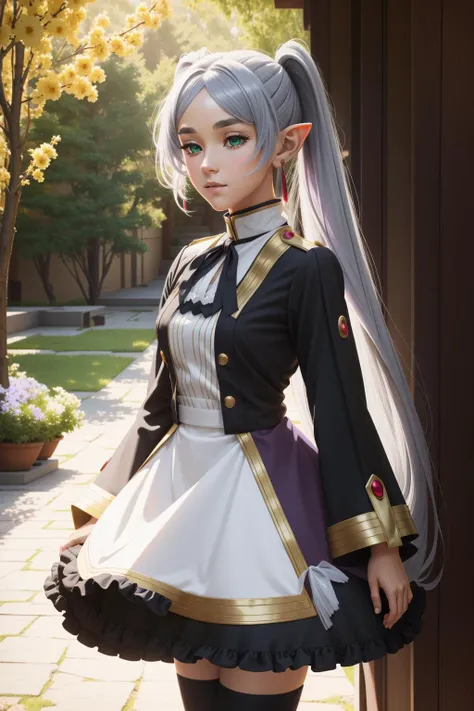 KarylDress, detached sleeves, black thighhighs, purple skirt, frills, brooch <lora:PrincessConnect_Karyl:0.8>, <lora:ФÑиÑен пÑовожаÑÑÐ°Ñ Ð² поÑледний пÑÑÑ(aafrie,long hair, white hair,twintails, pointy ears,earrings, thick eyebrows,(Ñм одеждÑ):0.7> aafrie, long hair, (white hair), 2twintails, pointy ears, earrings, thick eyebrows,green eyes, small breasts, flat, 1girl in full growth, best quality, masterpiece, ultra-detailed, high quality, perfect nose, highly detailed skin, warm skin tone, defiance512, RAW photo, best quality, high resolution, (masterpiece), dreamlike, dreamy, modelshoot style, analog style, tonemapping, photorealistic, professional photography, sharp focus, HDR, 8K resolution, intricate detail, sophisticated detail, hyper detailed, (depth of field), highlight and shadow, volumetric lighting, cinematic bloom, professional light, looking at viewer, blotchy,