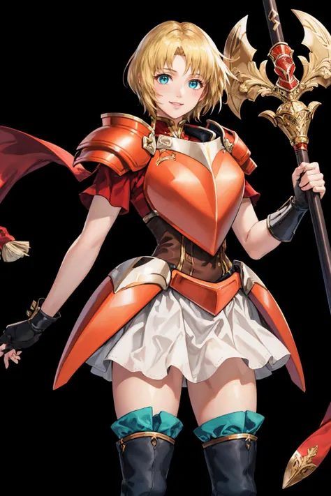 masterpiece, best quality, feAmelia, red armor, red shirt, white skirt, thigh boots, fingerless gloves, standing, FEH, black background, simple background, smile <lora:amelia-nvwls-v1-000009:0.9> <lora:FEH_Concept_v2:1>