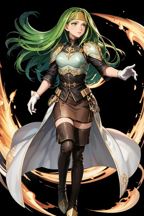 masterpiece, best quality, syrene, green eyes, headband, armor, brown tunic, pencil skirt, white gloves, thigh boots, standing, black background, simple background, FEH, furrowed brow, whole body <lora:syrene-nvwls-v1-000009:0.8> <lora:FEH_Concept_v2:1>