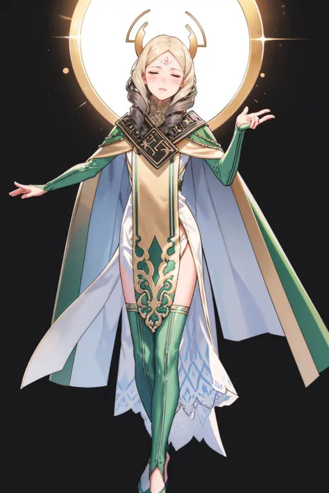 masterpiece, best quality, emmeryn, forehead mark, hair ornament, bridal gauntlets, cape, long dress, tabard, green thighhighs, green shoes, standing, FEH, black background, simple background, closed eyes, casting magic, white magic <lora:emmeryn-nvwls-v1-000010:1> <lora:FEH_Concept_v2:1>