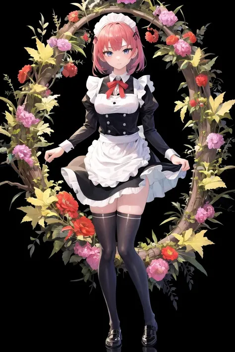 masterpiece, best quality, <lora:FEH_Concept_v2:1>, black background, simple background,
1girl, solo, looking at viewer, standing, full body, maid, maid headdress, maid apron, thighhighs, zettai ryouiki, skindentation,