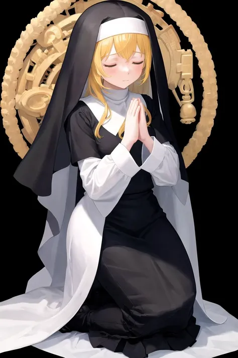masterpiece, best quality, <lora:FEH_Concept_v2:1>, black background, simple background,
1girl, kneeling, full body, nun, praying, own hands together, closed eyes