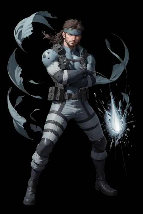 masterpiece, best quality, solid snake, blue bodysuit, headband, furrowed brow, facial hair, raised arm, full body, standing, black background, magic, casting spell, FEH <lora:FEH_Concept_v2:1> <lora:solidsnake-nvwls-v1-final:1>
