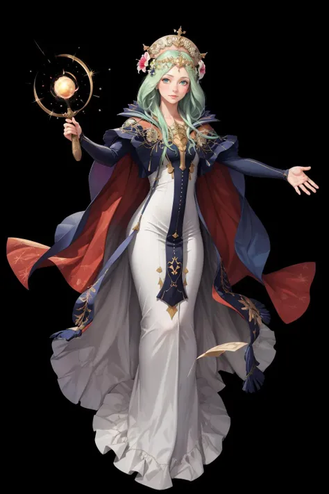masterpiece, best quality, defRhea, headdress, hair flower, tiara, blue cape, long white dress, raised arm, full body, standing, black background, magic, casting spell, FEH <lora:FEH_Concept_v2:1> <lora:rhea-nvwls-v2-final:0.9>