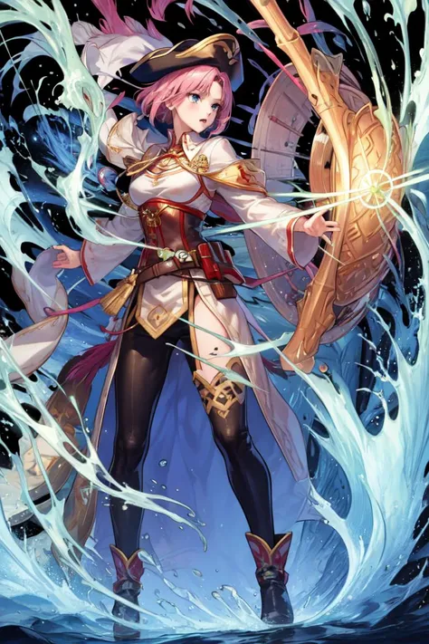 masterpiece, best quality, <lora:FEH_Concept_v2:1>, black background, simple background, 1girl, solo, looking at viewer, standing, full body, <lora:FEH_Concept_v2:1>, <lora:Marcia_FE:0.5>, marcia fe, saber \(weapon\), attacking, peg, barrel, fish, water, splash, black pants, cleavage, green corset, white shirt, pirate hat, holding \(weapon\), brown boots