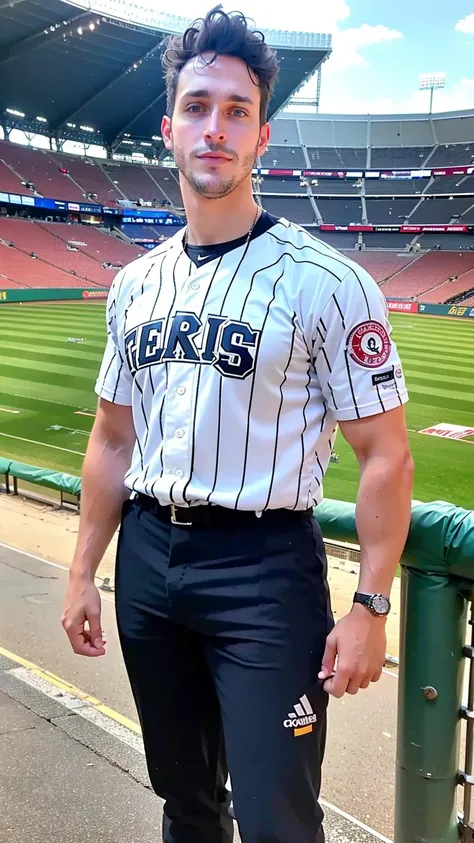 a photo of Dr Mike, handsome, DrMike, masculine, realistic, stubble, skin texture, male focus, <lora:DoctorMike:0.8>, broad shoulders, big body, elegant pose, face focus, looking at viewer, facial hair, beard, baseball uniform, stadium background,, (masterpiece,best quality:1.5)