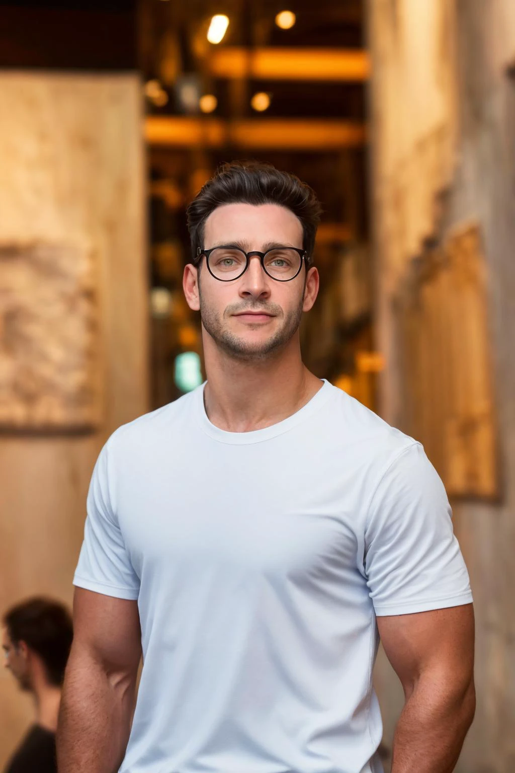 <lora:DrMike:1>, a handsome guy, portrait, drmike, masculine, realistic, natural light, sharp focus, bokeh, unkempt, skin texture, male focus, dark hair, upper_body, eyesglasses, white shirt,, (masterpiece,best quality:1.5)