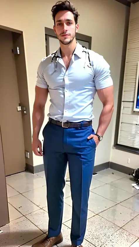 a photo of Dr Mike, handsome, DrMike, masculine, realistic, stubble, skin texture, male focus, <lora:DoctorMike:0.8>, broad shoulders, big body, elegant pose, face focus, looking at viewer, facial hair, beard, wearing white blouse, doctor uniform,, (masterpiece,best quality:1.5)