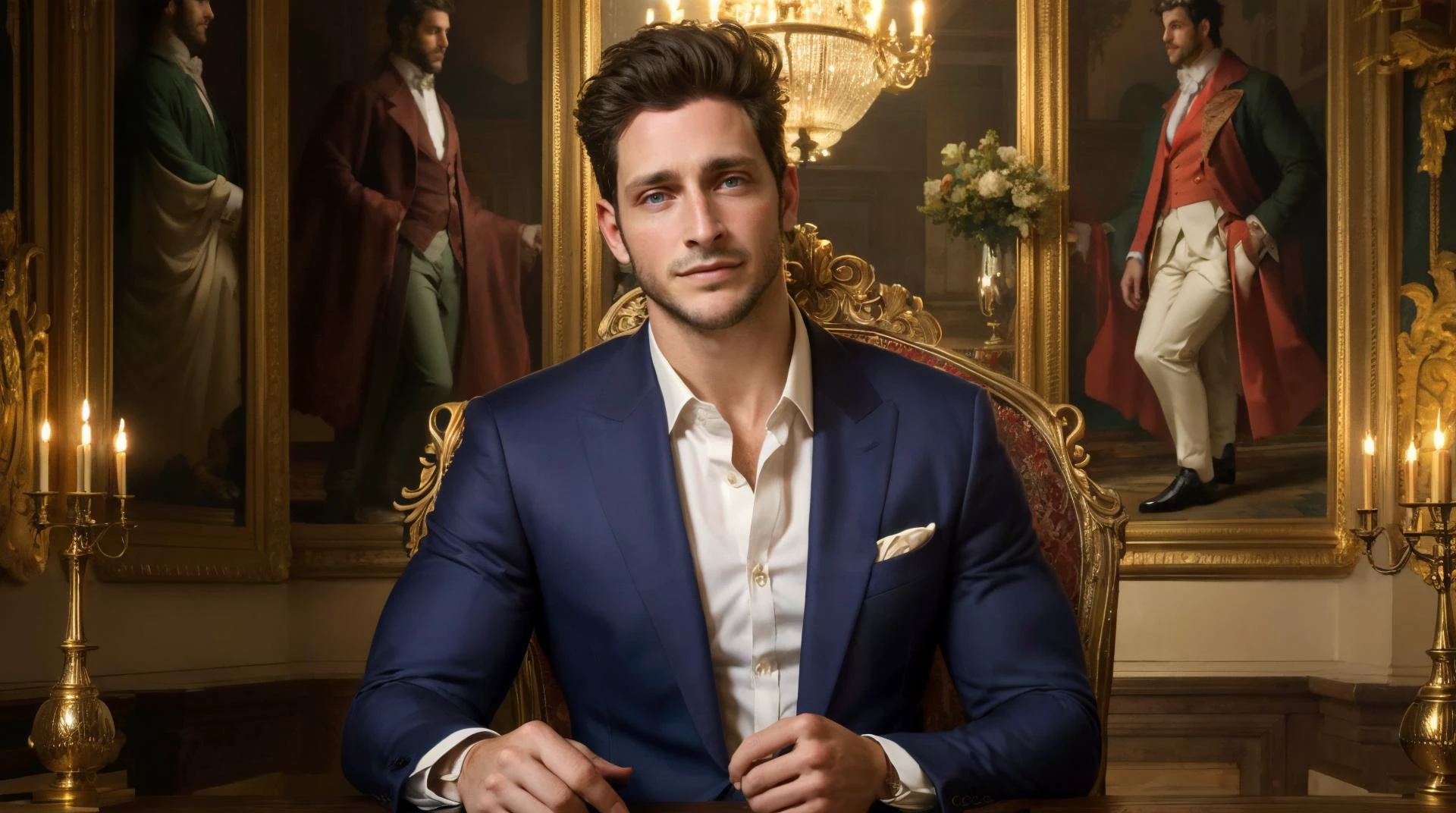 1boy,muscular,best quality,extremely detailed,CG,unity 8k wallpaper,solo,looking at viewer,realistic,palace,suit,whiskers,manhood,Middle-aged,face focus,handsome guy,male focus,DoctorMike,<lora:DoctorMike:0.8>,