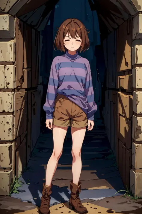 undertale frisk,small breasts,brown hair,(aged up), (brown shorts:1.3), bob cut, short hair, black pantyhose, (blue shirt:1.3), (closed eyes:1.2), (1girl:1.3), (solo:1.3), blue shirt,purple shirt, striped shirt,long sleeves,arms at sides,yellow skin,standing,facing viewer,in cave,full body,boots,(underground:1.1), <lora:Undertale Frisk:0.6>, <lora:LORA-XenoDetailer-v2:0.2>