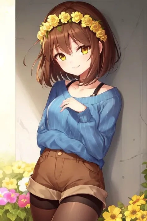 ((best quality)), ((masterpiece)), (detailed), <lora:Undertale Frisk:0.4>, Undertale Frisk, brown hair, (brown shorts:1.3), bob cut, short hair, black pantyhose, (blue shirt:1.3), yellow eyes, (1girl:1.3), (solo:1.3), striped, striped shirt, smiling, flower crown