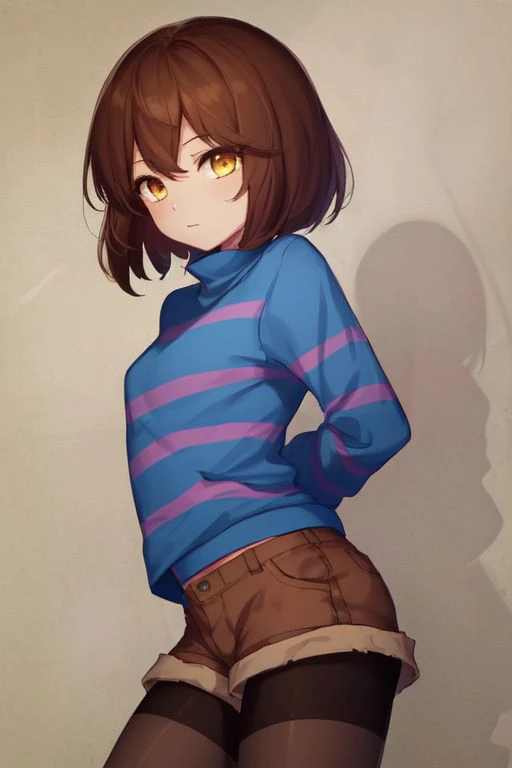 ((best quality)), ((masterpiece)), (detailed), <lora:Undertale Frisk:0.4>, Undertale Frisk, brown hair, (brown shorts:1.3), bob cut, short hair, black pantyhose, (blue shirt:1.3), yellow eyes, (1girl:1.3), (solo:1.3), striped, striped shirt