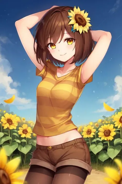 ((best quality)), ((masterpiece)), (detailed), <lora:Undertale Frisk:0.4>, Undertale Frisk, brown hair, (brown shorts:1.3), bob cut, short hair, black pantyhose, (blue shirt:1.3), yellow eyes, (1girl:1.3), (solo:1.3), striped, striped shirt, smiling, (sun flower)