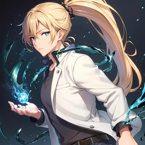 (masterpiece:1.2, best quality), (cursed energy:1,0), (finely detailed beautiful eyes: 1.2),1woman, (extremely detailed CG unity 8k wallpaper, masterpiece, best quality, ultra-detailed, best shadow), (detailed background), (beautiful detailed face, beautiful detailed eyes),(blue aura:0.75), blue sparks,flowing magic,1girl, , ponytail, blonde hair, long hair, white jacket, casual clothes, black trousers, solo focus, looking at viewer,High contrast, (best illumination, an extremely delicate and beautiful),(simple backround), dark blue aura,full body, cowboy shot, ((perfect hands))