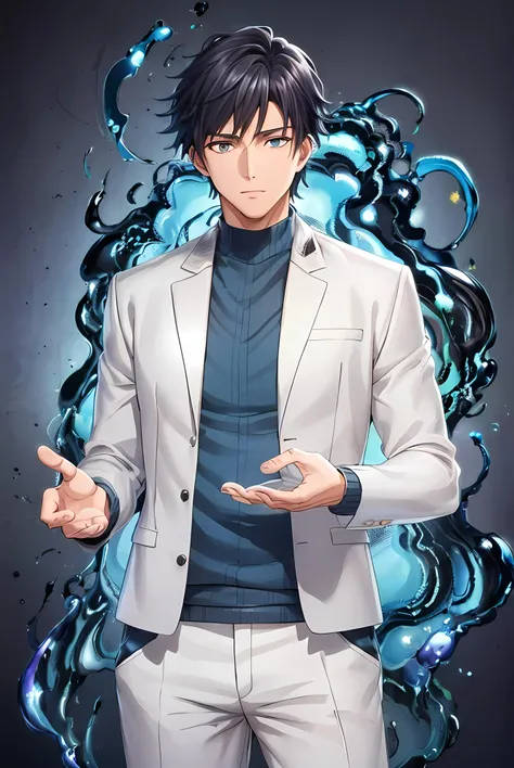 (masterpiece:1.2, best quality), (cursed energy:1,0), (finely detailed beautiful eyes: 1.2),1man, 1boy, (extremely detailed CG unity 8k wallpaper, masterpiece, best quality, ultra-detailed, best shadow), (detailed background), (beautiful detailed face, beautiful detailed eyes),(blue aura:0.75), blue sparks,flowing magic,handsome man, , black hair, short hair, white jacket, casual clothes, black trousers, male focus, looking at viewer,High contrast, (best illumination, an extremely delicate and beautiful),(simple backround), dark blue aura,full body, cowboy shot, ((perfect hands))
