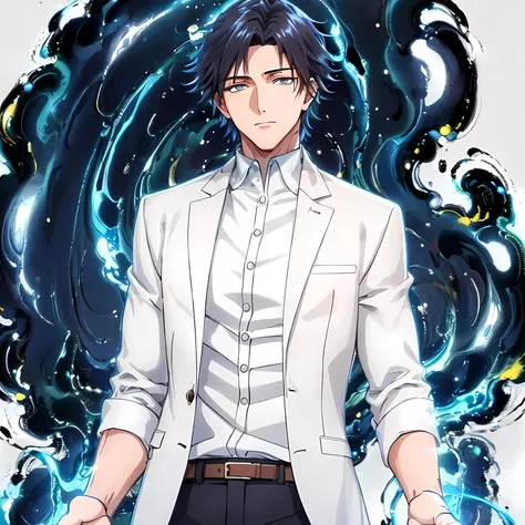 (masterpiece:1.2, best quality), (cursed energy:1,0), (finely detailed beautiful eyes: 1.2),1man, 1boy, (extremely detailed CG unity 8k wallpaper, masterpiece, best quality, ultra-detailed, best shadow), (detailed background), (beautiful detailed face, beautiful detailed eyes),(blue aura:0.75), blue sparks,flowing magic,handsome man, , black hair, short hair, white jacket, casual clothes, black trousers, male focus, looking at viewer,High contrast, (best illumination, an extremely delicate and beautiful),(simple backround), dark blue aura,full body, cowboy shot, ((perfect hands))
