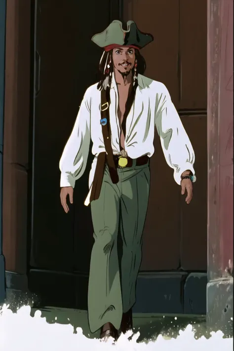 Highly detailed, High Quality, Masterpiece, beautiful, 1boy, solo, <lora:DirtyPairAnimeStyle:0.85>, outdoors, full body, looking away, 1990s \(style\), jack sparrow, brown eyes, hat, brown hair, earrings, hat, pirate, jewelry, shirt, short hair, white shirt,  <lora:Char_Sigmas_JackSparrow:1>, smile