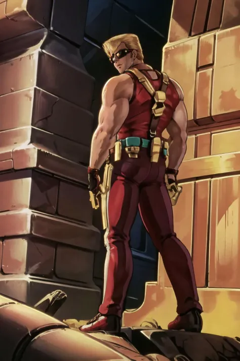 Highly detailed, High Quality, Masterpiece, beautiful, 1boy, solo, <lora:DirtyPairAnimeStyle:1>, outdoors, full body, looking away, 1990s \(style\), a man posing with a golden gun, 1boy, sunglasses, red shirt, <lora:Char_Sigmas_DukeNukem:0.8>