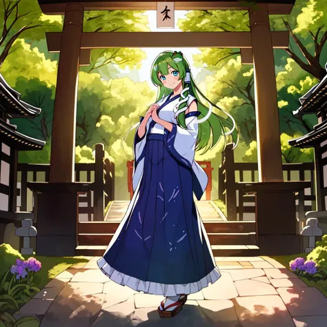 masterpiece, best quality, illustration, beautiful detailed, finely detailed, dramatic light, intricate details, colorful, 1girl, smiling, standing, (((long shot, full body portrait))), <lora:Sanae_V1:1.0> kochiya sanae, hair tubes, frog hair ornament, snake hair ornament, shirt, long sleeves, wide sleeves, blue skirt, ((empty hands)), (japanese shrine, green shrine), outdoors, day