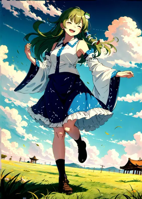 highres, (best quality), (ultra-detailed), <lora:touhou_kochiya-10:1>, kochiya sanae, hair tube, frog hair ornament, snake hair ornament, torii, hand in own hair, smile, floating hair, cloudy sky, blue sky, blue skirt, detached sleeves, looking at viewer, running, full body, brown footwear, socks, dutch angle, grass,gohei, open mouth, closed eyes