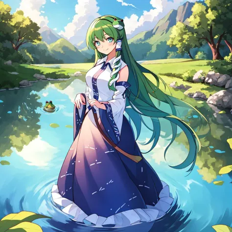 masterpiece, best quality, illustration, beautiful detailed, finely detailed, dramatic light, intricate details, colorful, 1girl, smiling, standing, (((long shot, full body portrait))), <lora:Sanae_V1:1.0> kochiya sanae, hair tubes, frog hair ornament, snake hair ornament, shirt, long sleeves, wide sleeves, blue skirt, ((empty hands)), (lake, water), blue sky, clouds, day