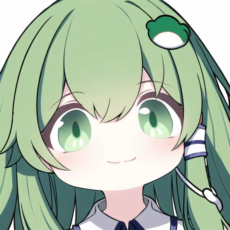 masterpiece, best quality, chibi, light smile, close-up, white background, <lora:Blue Archive Chibi Style:0.6>, <lora:touhou_kochiya-10:1>, kochiya sanae, hair tubes, frog hair ornament, snake hair ornament, shirt, long sleeves, green eyes, green hair,