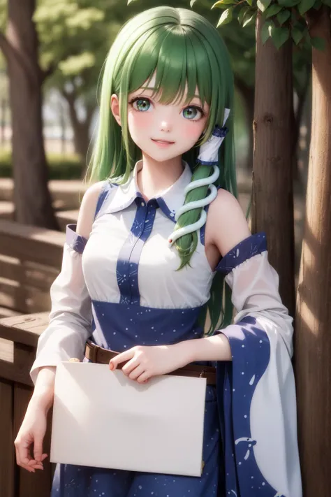 (masterpiece, best quality:1.2), <lyco:touhou_kochiya-10:1.0>, cowboy shot, solo, 1girl, kochiya sanae, smile, looking at viewer, hair tubes, frog hair ornament, snake hair ornament, shirt, long sleeves, wide sleeves, blue skirt