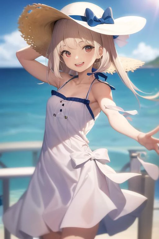 absurdres, 1girl, ocean, railing, white dress, sun hat, smile,