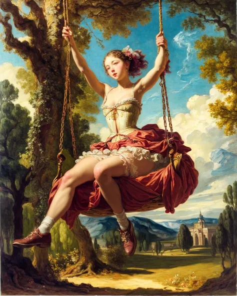 r4nd0m,(Rococo art:1.2),style of Jean-Honor Fragonard,style of Francois Boucher,
A young woman was swinging in the garden,under the swing was her lover,
the young woman's skirt,as if to lift her train in the wind,
The young woman,on the other hand,lightly kicks the shoe at the baron,
a image full of explicit sexual temptation,
druid,forest,floral,
<lora:add_detail:1>,