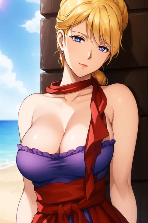 (day:1.7), in front of a blue sky with clouds and a sun
Standing at attention,
purple shirt , red scarf,collarbone, cleavage,
<lora:crowley_hamon_gundam-KK77-V1:0.7>,heart shaped earring,
blonde hair,blue eyes,hair_bun,
1 girl, 18yo,Young female,Beautiful Finger,Beautiful long legs,Beautiful body,Beautiful Nose,Beautiful character design, perfect eyes, perfect face,expressive eyes,
looking at viewer, in the center of the image,(Upper_body),(Focus on her face),
official art,extremely detailed CG unity 8k wallpaper, perfect lighting,Colorful, Bright_Front_face_Lighting,
(masterpiece:1.0),(best_quality:1.0), ultra high res,4K,ultra-detailed,
photography, 8K, HDR, highres, absurdres:1.2, Kodak portra 400, film grain, blurry background, bokeh:1.2, lens flare, (vibrant_color:1.2)
(Beautiful,Breasts:1.4), (beautiful_face:1.5),(narrow_waist),