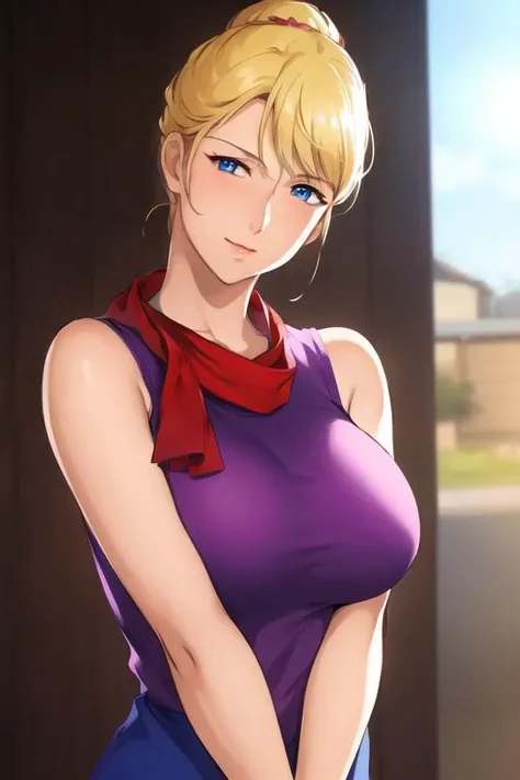 (day:1.7), in front of a blue sky with clouds and a sun
Standing at attention,
purple shirt , red scarf,
<lora:crowley_hamon_gundam-KK77-V1:0.7>,
blonde hair,blue eyes,hair_bun,
1 girl, 18yo,Young female,Beautiful Finger,Beautiful long legs,Beautiful body,Beautiful Nose,Beautiful character design, perfect eyes, perfect face,expressive eyes,
looking at viewer, in the center of the image,(Upper_body),(Focus on her face), (innocent_big_eyes:1.0),(light_smile:0.3),
official art,extremely detailed CG unity 8k wallpaper, perfect lighting,Colorful, Bright_Front_face_Lighting,
(masterpiece:1.0),(best_quality:1.0), ultra high res,4K,ultra-detailed,
photography, 8K, HDR, highres, absurdres:1.2, Kodak portra 400, film grain, blurry background, bokeh:1.2, lens flare, (vibrant_color:1.2)
(Beautiful,Breasts:1.4), (beautiful_face:1.5),(narrow_waist),