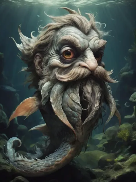 a strange looking fish that has a beard and a mustache, the fish is in dire need for a shave, deep shadows, cartoon, illustration, snake, scales, (animal focus:1.1),  <lora:- SDXL - brdanmu_ beard_mustache_hair_V2.0:.6>   <lora:- SDXL -_ff_morbol_V1.0:0.3>