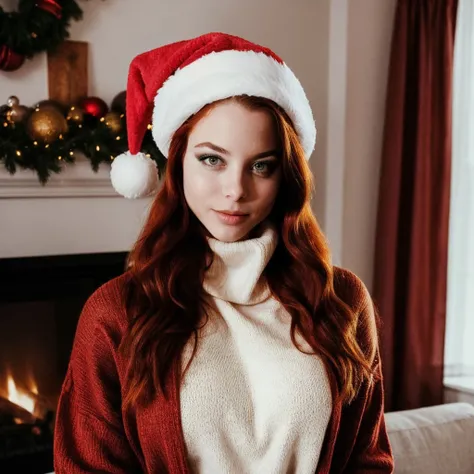 <lora:moonymara_128_64_512_v1:1> moonymara, 1girl, wearing a turtleneck sweater, cozy fireplace in background, wearing a christmas santa hat in red and white, blonde red hair