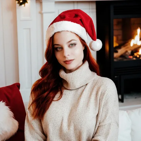 <lora:moonymara_128_64_512_v1:1> moonymara, 1girl, wearing a turtleneck sweater, cozy fireplace in background, wearing a christmas santa hat in red and white, blonde red hair