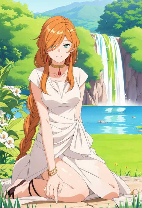 <lora:FlammeV1:0.8>,Flamme,1girl,bangs,braided ponytail,single braid,brown hair,orange hair,very long hair,sidelocks,red earrings,hair over one eye,green eyes,blue eyes,collarbone,golden choker,greek clothes,white shirt,medium breasts,short sleeves,white dress,solo,smile,cinematic angle,dappled sunlight,wariza,
black gladiator sandals,outdoors,nature,panorama,<lora:add_detail:0.3>,<lora:è°æ´colorful_V1_lbw:0.3>,full of details background,lawn,flower ocean,waterfall,lake,bridge,, Exquisite visuals, high-definition,masterpiece,best quality,Exquisite visuals,high-definition,masterpiece,best quality,18yo,Young female,Beautiful Fingers,Beautiful long legs,Beautiful body,Beautiful character design,