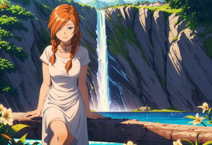 <lora:FlammeV1:0.8>,Flamme,1girl,bangs,braided ponytail,single braid,brown hair,orange hair,very long hair,sidelocks,red earrings,hair over one eye,green eyes,blue eyes,collarbone,golden choker,greek clothes,white shirt,medium breasts,short sleeves,white dress,solo,smile,cinematic angle,dappled sunlight,
black gladiator sandals,outdoors,nature,panorama,<lora:add_detail:0.3>,<lora:è°æ´colorful_V1_lbw:0.3>,full of details background,lawn,flower ocean,waterfall,lake,bridge,, Exquisite visuals, high-definition,masterpiece,best quality,Exquisite visuals,high-definition,masterpiece,best quality,18yo,Young female,Beautiful Fingers,Beautiful long legs,Beautiful body,Beautiful character design,